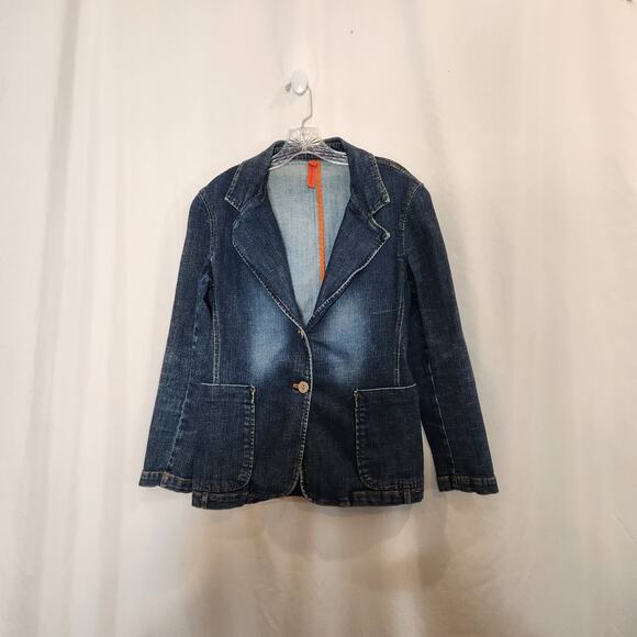 BONJOUR Blue Dark Wash Denim Blazer Jacket Y2K 2000s Retro Pockets Women Medium - Picture 1 of 10